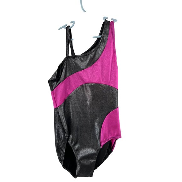 Metallic Black & Pink Asymmetrical One-Shoulder Girls LC Gymnastics Leotard - Picture 1 of 11